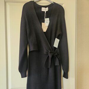 NWT Charles Henry Black Ribbed Wrap Long Sleeve Sweater Dress Women's Size M